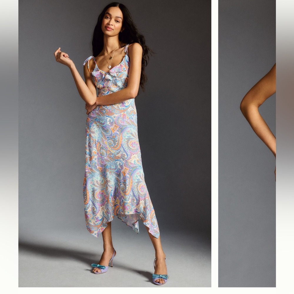 Anthropologie V Neck Ruffle Slip Dress Sz xxs xs 0 2 New $$$ multi color pastels - Picture 8 of 9